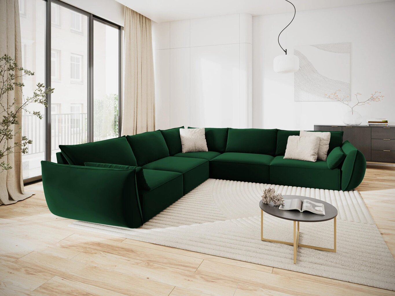 Simetrinė kampinė velvet sofa Vanda, 7 sėdimos vietos, žalio butelio sp. цена и информация | Minkšti kampai | pigu.lt