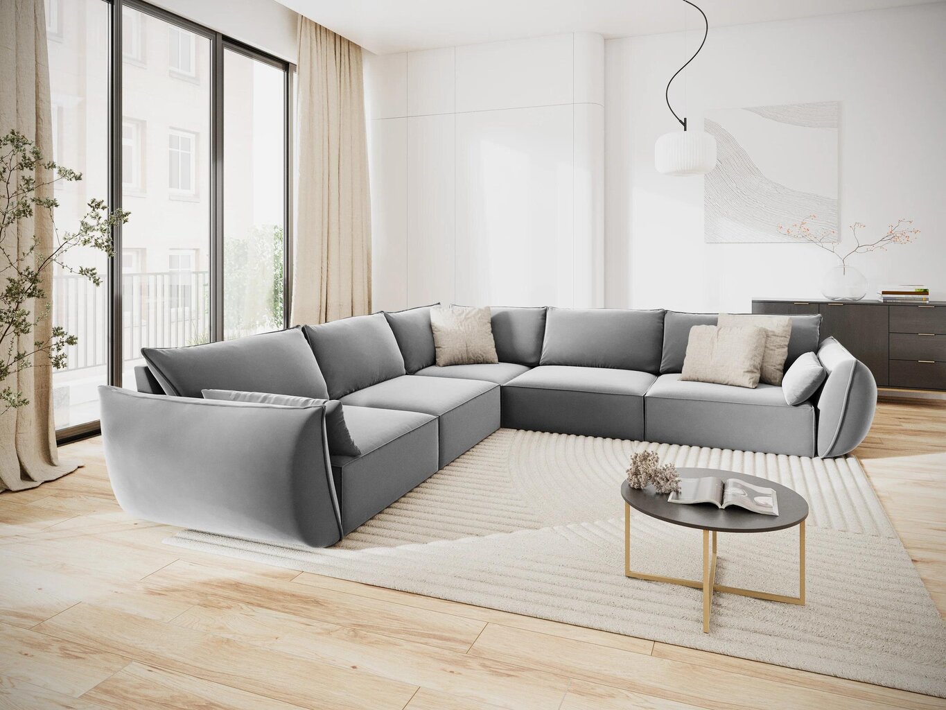 Simetrinė kampinė velvet sofa Vanda, 7 sėdimos vietos, pilka цена и информация | Minkšti kampai | pigu.lt