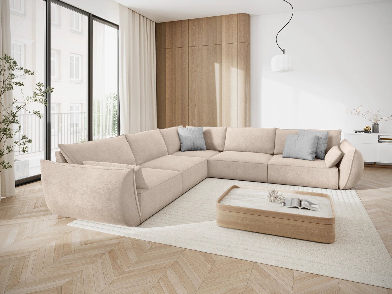 Simetrinė kampinė sofa Vanda, 7 sėdimos vietos, smėlio sp. kaina ir informacija | Minkšti kampai | pigu.lt