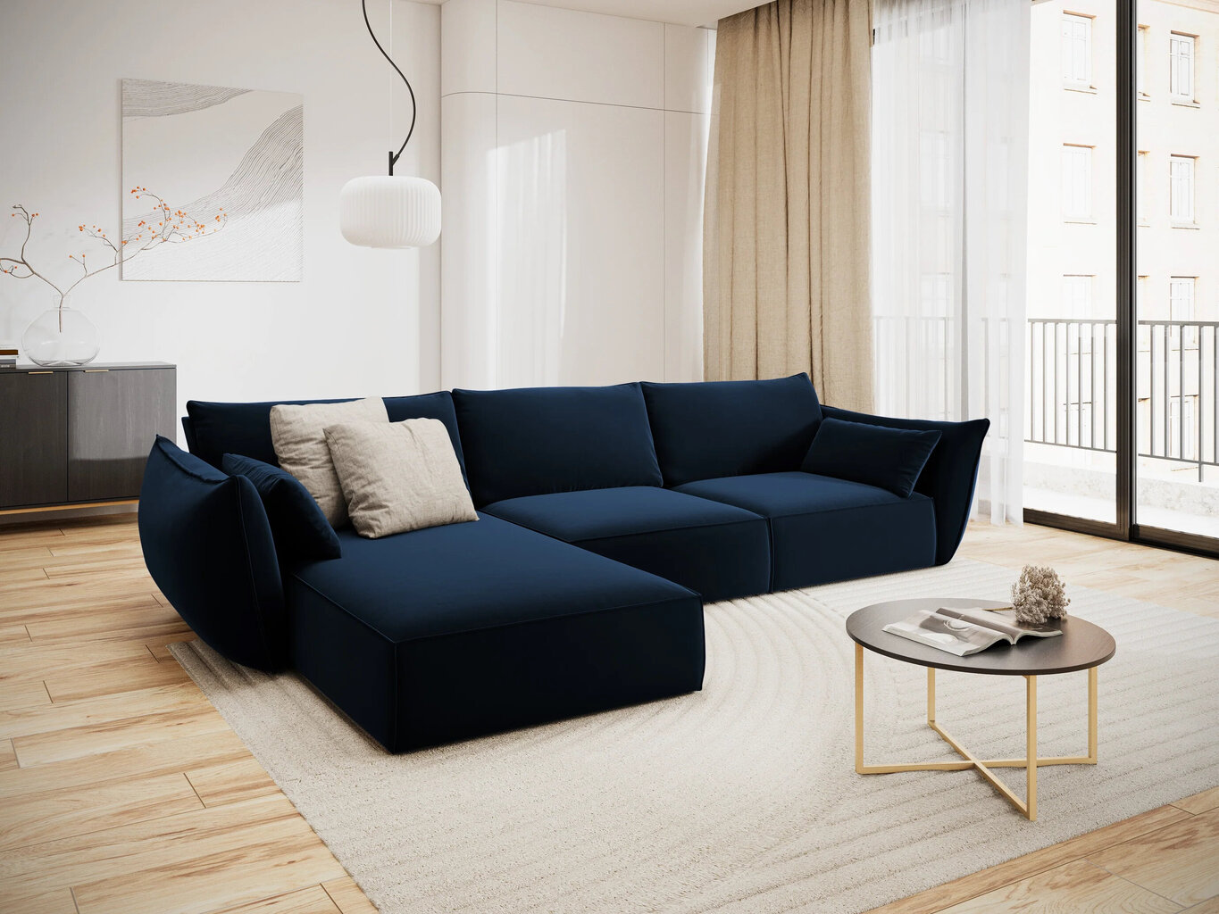 Kairinė kampinė velvet sofa Vanda, 4 sėdimos vietos, tamsiai mėlyna цена и информация | Minkšti kampai | pigu.lt