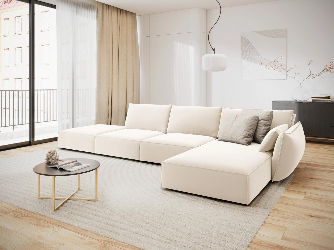 Dešinioji kampinė velvet sofa Vanda, 5 sėdimos vietos, šv. smėlio sp. kaina ir informacija | Minkšti kampai | pigu.lt