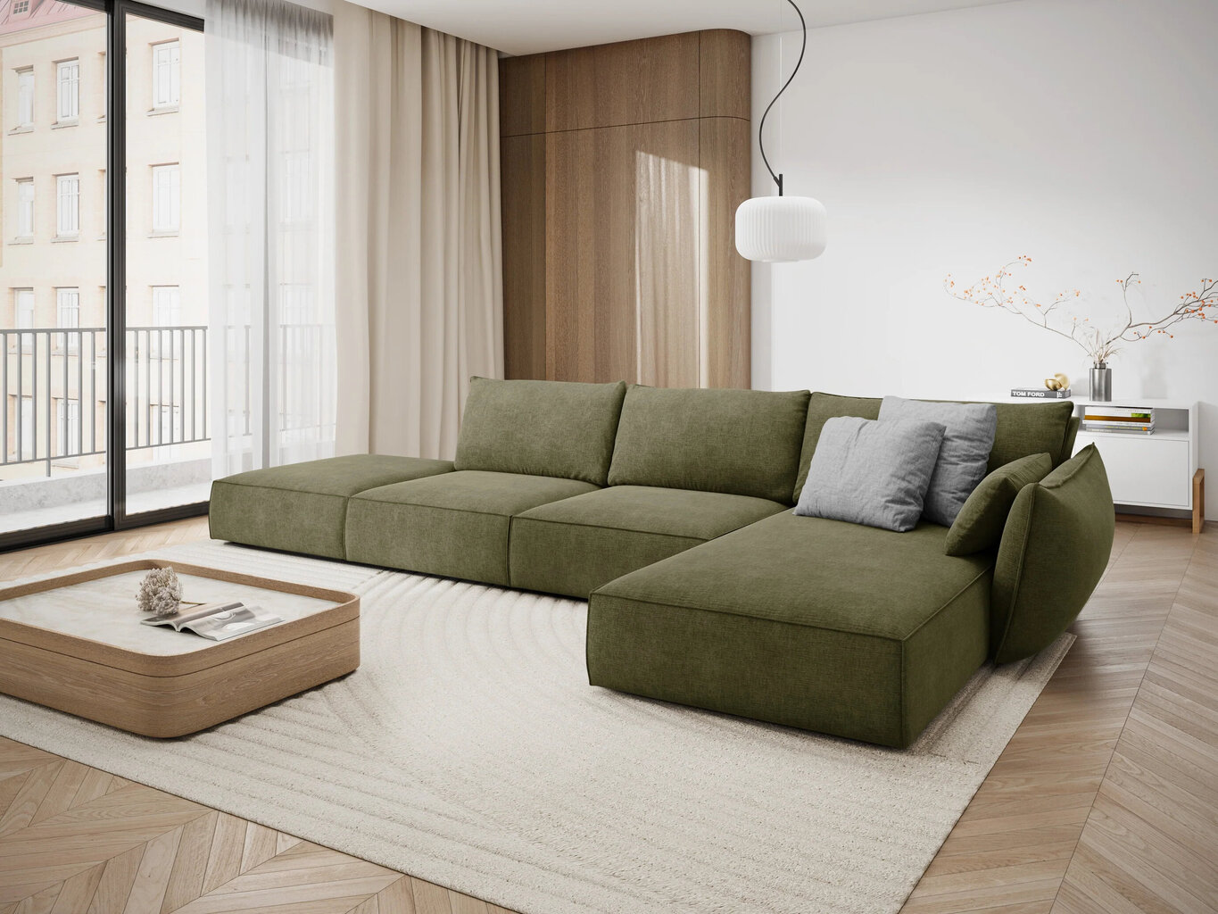 Dešininė kampinė sofa Vanda, 5 sėdimos vietos, žalia kaina ir informacija | Minkšti kampai | pigu.lt