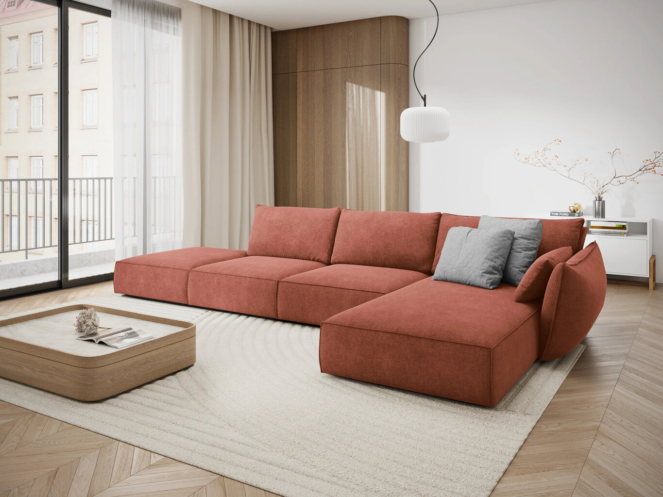 Dešininė kampinė sofa Vanda, 5 sėdimos vietos, raudona kaina ir informacija | Minkšti kampai | pigu.lt
