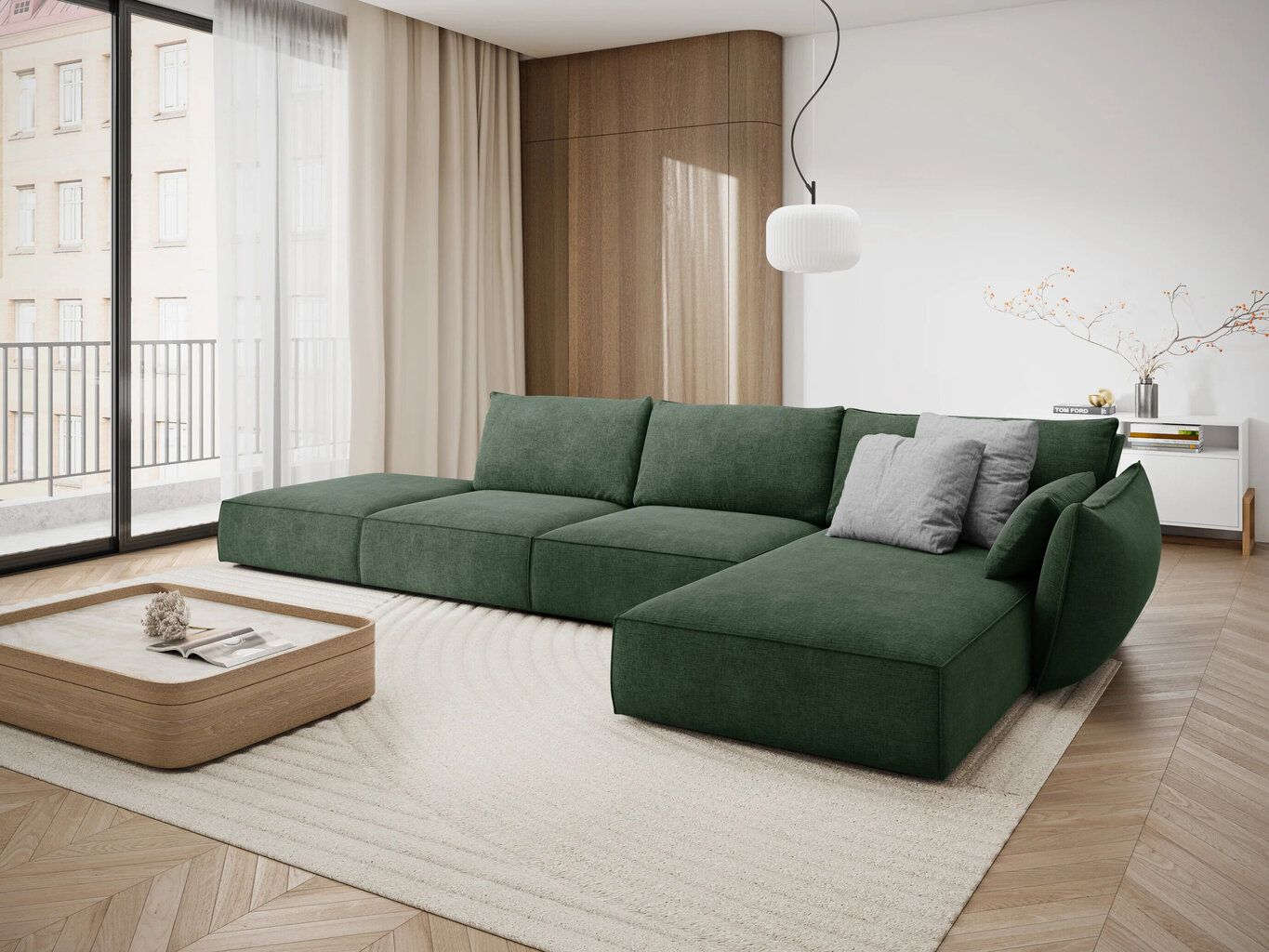 Dešininė kampinė sofa Vanda, 5 sėdimos vietos, žalio butelio sp. kaina ir informacija | Minkšti kampai | pigu.lt