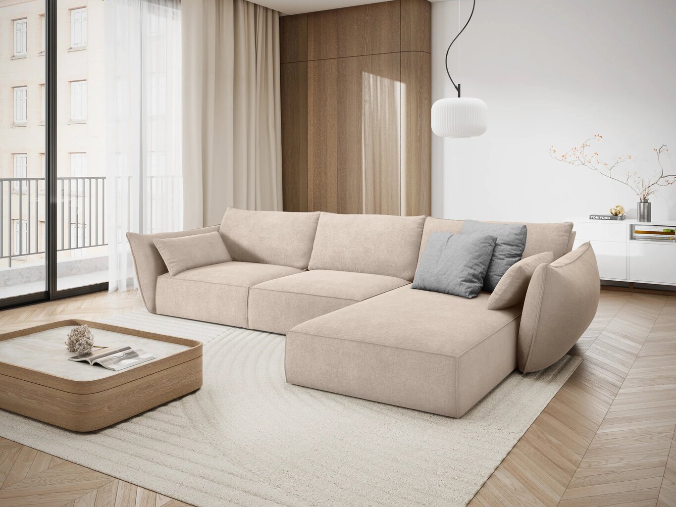Dešininė kampinė sofa Vanda, 4 sėdimos vietos, smėlio sp. kaina ir informacija | Minkšti kampai | pigu.lt