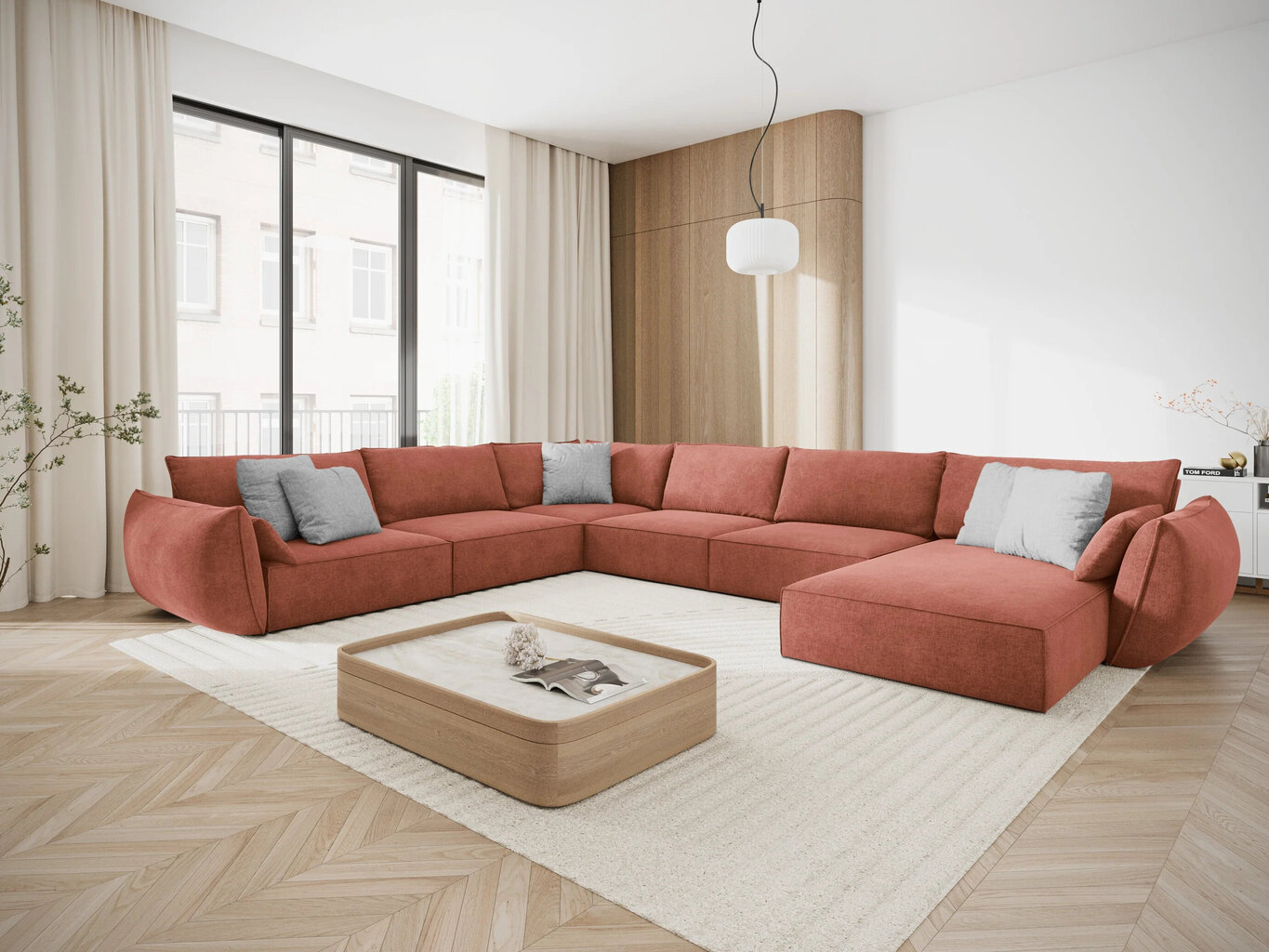 Panoraminė kairinė sofa Vanda, 8 sėdimos vietos, raudona kaina ir informacija | Minkšti kampai | pigu.lt