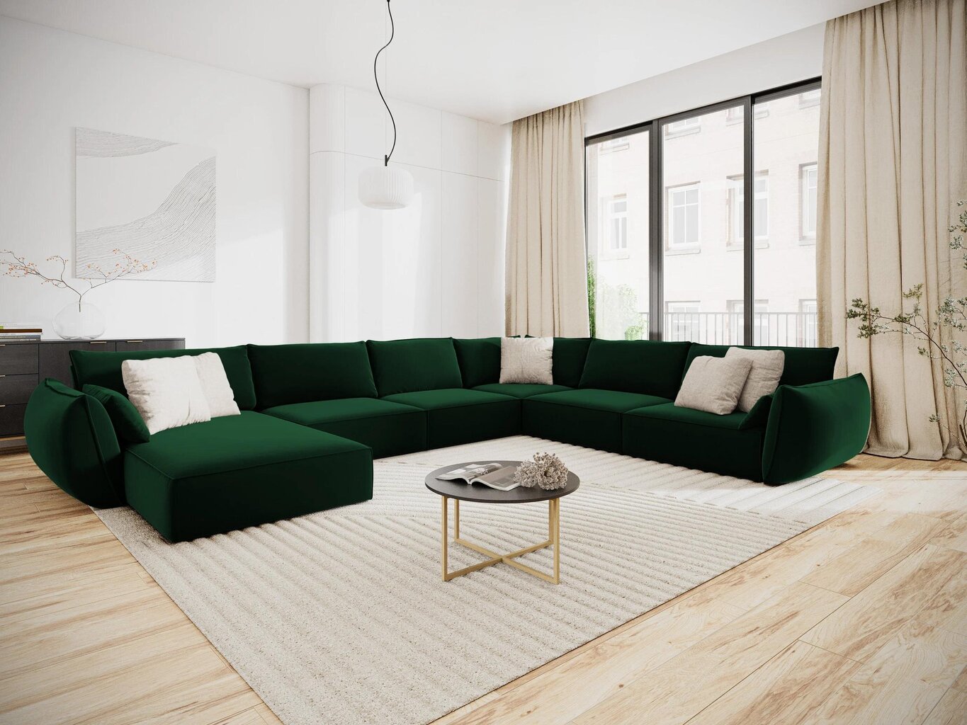 Panoraminė dešinioji kampinė velvet sofa Vanda, 8 sėdimos vietos, žalio butelio sp. kaina ir informacija | Minkšti kampai | pigu.lt