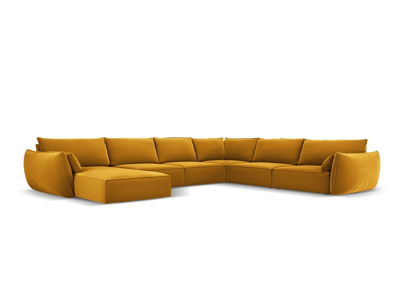 Panoraminė dešinioji kampinė velvet sofa Vanda, 8 sėdimos vietos, geltona (garstyčių) kaina ir informacija | Minkšti kampai | pigu.lt