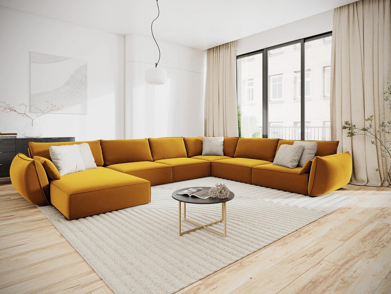 Panoraminė dešinioji kampinė velvet sofa Vanda, 8 sėdimos vietos, geltona (garstyčių) kaina ir informacija | Minkšti kampai | pigu.lt