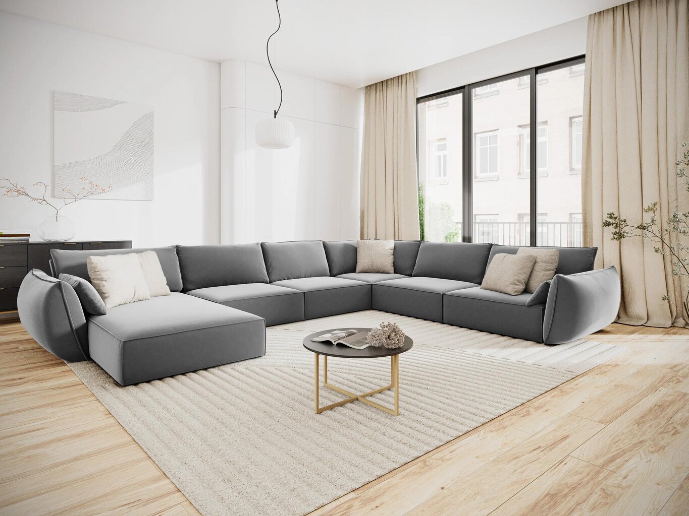 Panoraminė dešinioji kampinė velvet sofa Vanda, 8 sėdimos vietos, pilka цена и информация | Minkšti kampai | pigu.lt