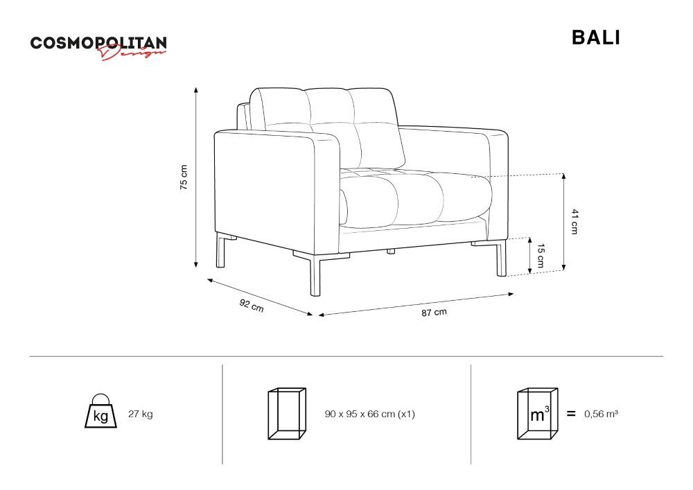 Fotelis Cosmopolitan Design Bali 1S-V, šviesios smėlio/auksinės spalvos kaina ir informacija | Svetainės foteliai | pigu.lt