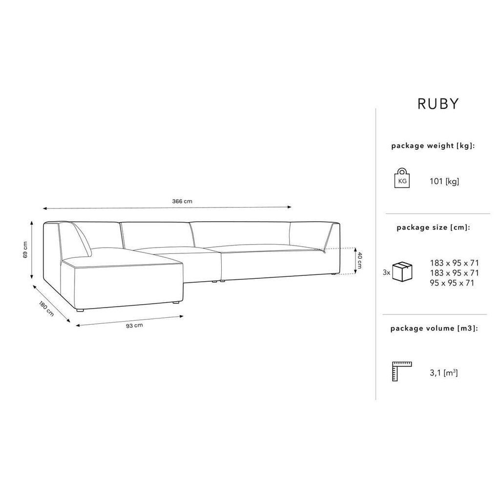 Minkštas kampas Micadoni Home Ruby, pilkas kaina ir informacija | Minkšti kampai | pigu.lt