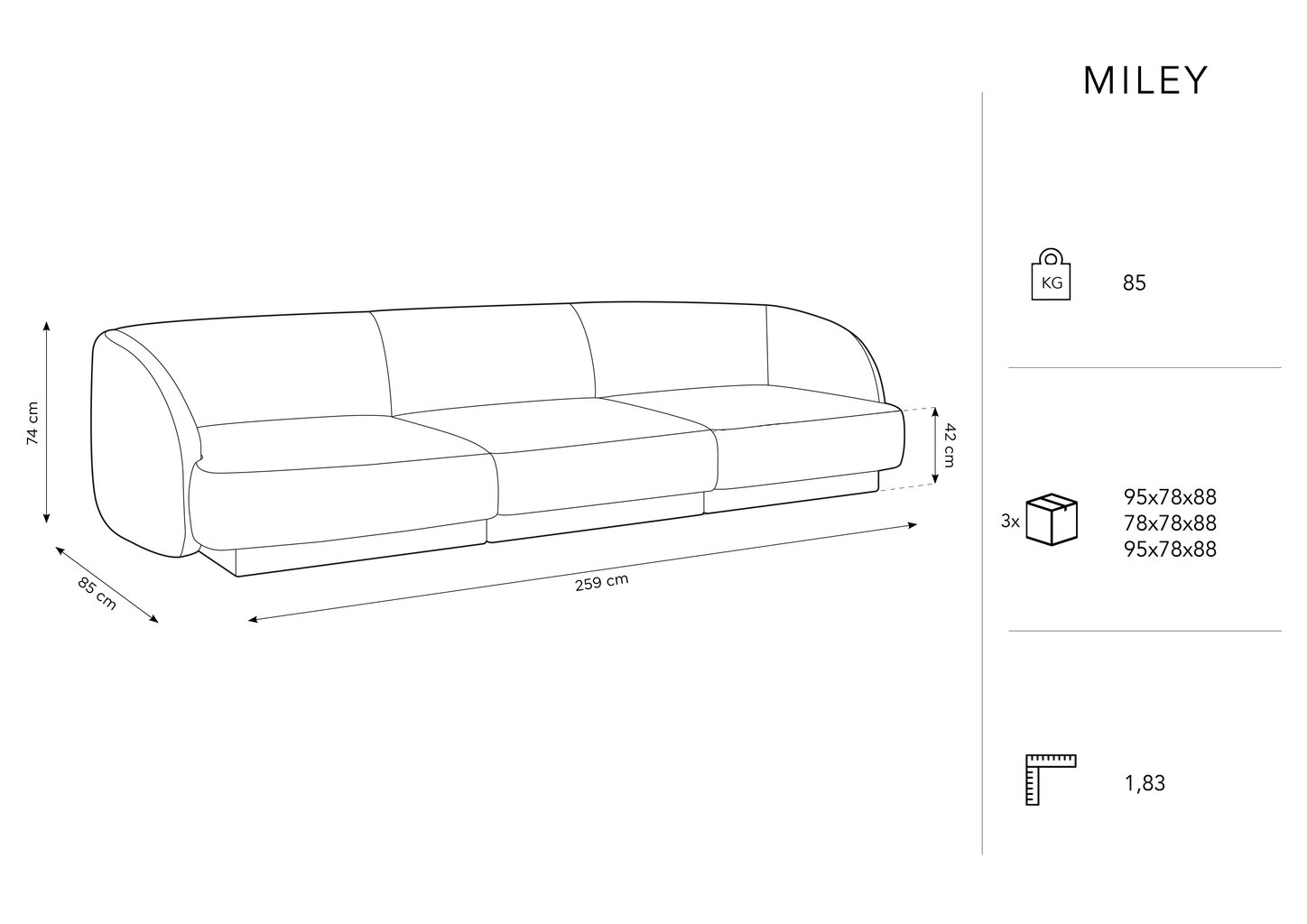 Sofa Micadoni Home Miley Miley 259x85x74 cm, balta kaina ir informacija | Sofos | pigu.lt