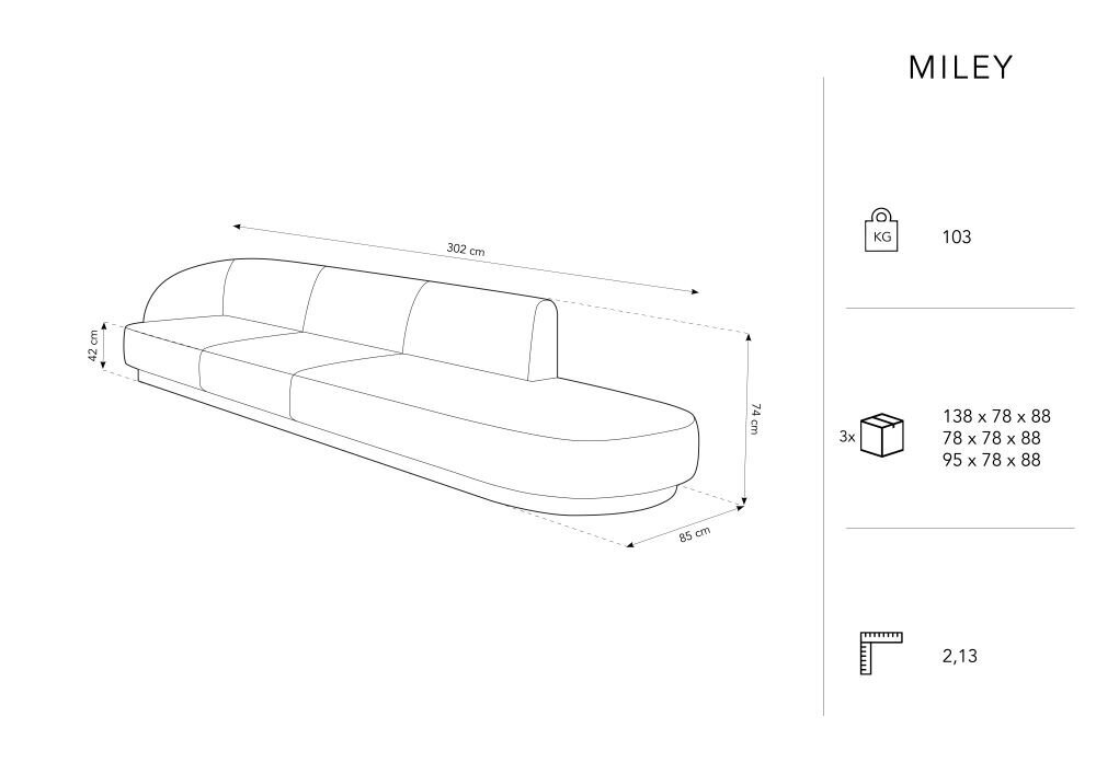 Sofa Micadoni Home Miley right, 302x85x74 cm, geltona kaina ir informacija | Sofos | pigu.lt