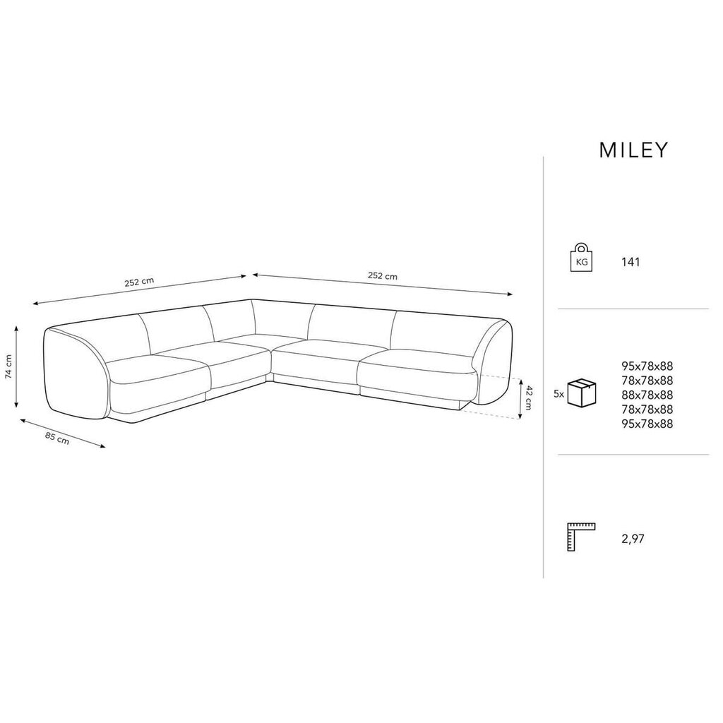 Aksominė simetrinė kampinė sofa Micadoni Miley, 252 x 252 x 74, pilka kaina ir informacija | Sofos | pigu.lt
