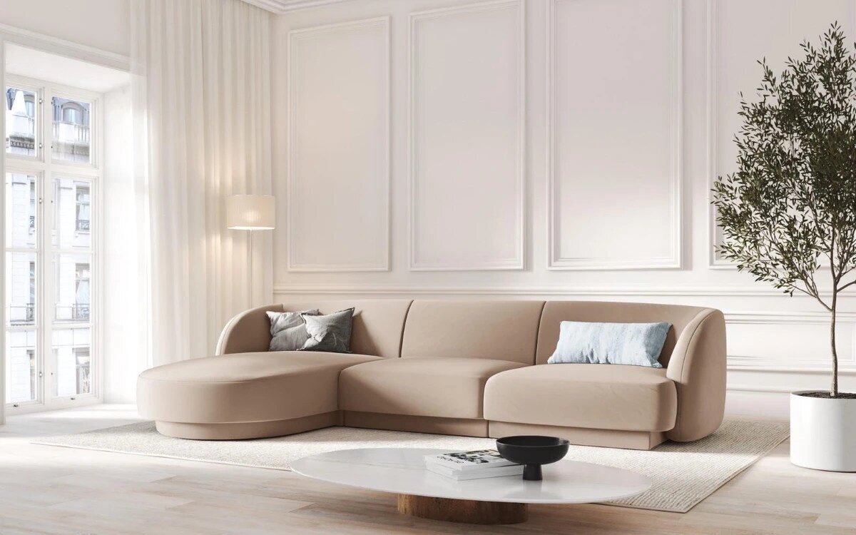 Aksominė kairinė kampinė sofa Micadoni Miley, 259 x 155 x 74, smėlio kaina ir informacija | Sofos | pigu.lt