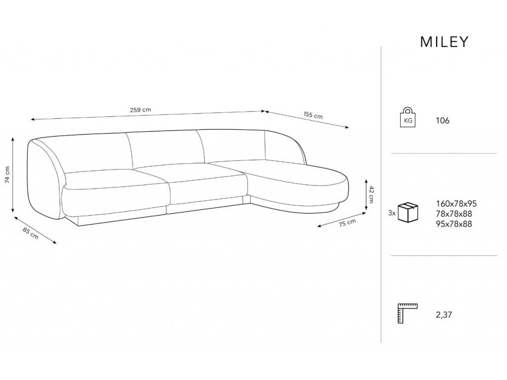 Dešininė kampinė sofa Micadoni Miley, 259 x 155 x 74 cm, pilka цена и информация | Sofos | pigu.lt