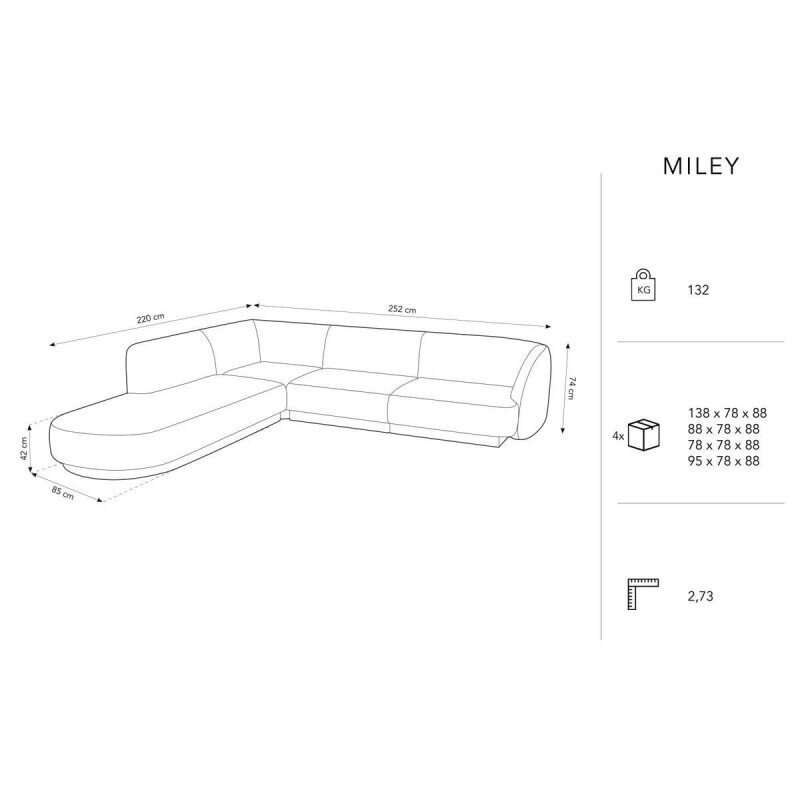 Aksominė kairinė kampinė sofa Micadoni Miley, 252 x 220 x 74, smėlio kaina ir informacija | Sofos | pigu.lt
