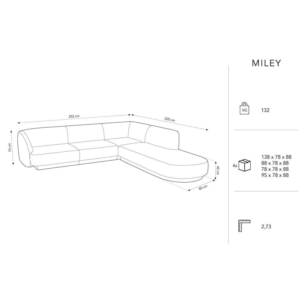 Aksominė dešininė kampinė sofa Micadoni Miley, 252 x 220 x 74, pilka kaina ir informacija | Sofos | pigu.lt