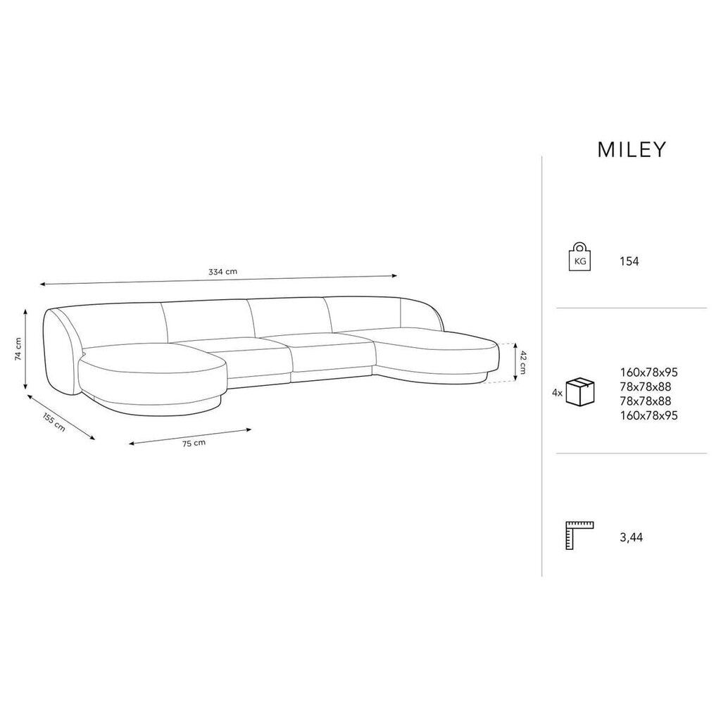 Aksominė panoraminė sofa Micadoni Miley, 334 x 155 x 74, juoda kaina ir informacija | Sofos | pigu.lt