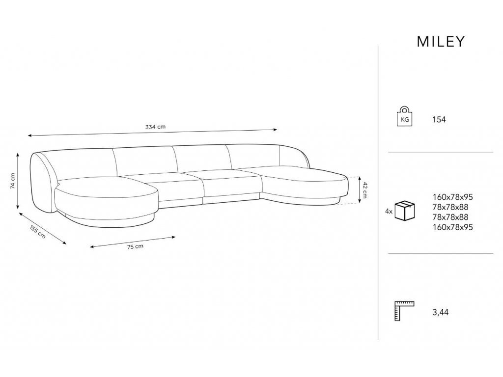 Panoraminė sofa Micadoni Miley, 334 x 155 x 74 cm, balta kaina ir informacija | Sofos | pigu.lt