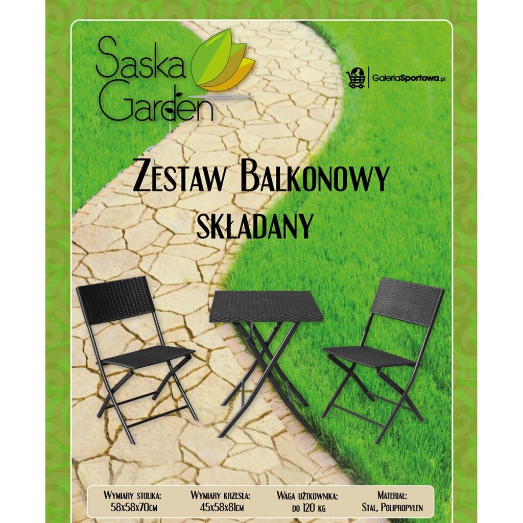 3-ių dalių balkono baldų komplektas Saska Garden, juodas kaina ir informacija | Lauko baldų komplektai | pigu.lt