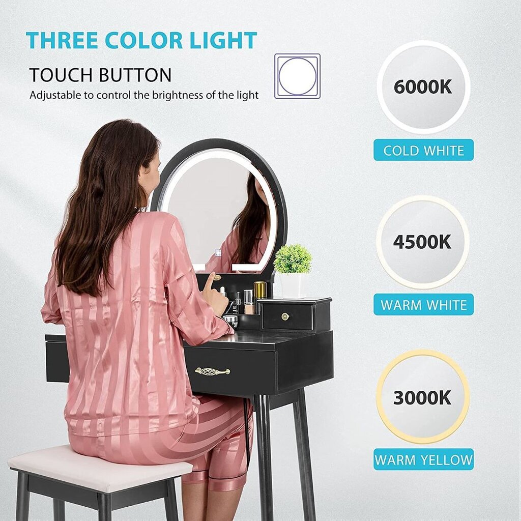 Kosmetinis staliukas KS185 su LED apšvietimu ir minkštasuoliu, juodas kaina ir informacija | Kosmetiniai staliukai | pigu.lt