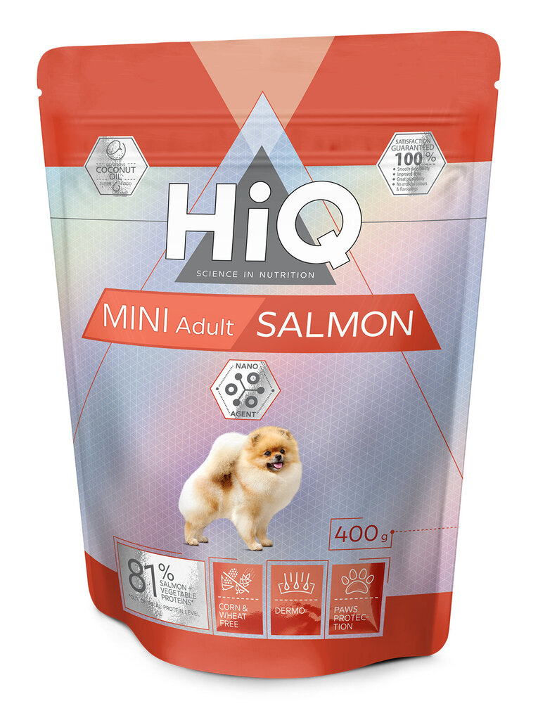 HiQ Mini Adult mažų veislių suaugusiems šunims su lašiša, 400 g kaina ir informacija | Sausas maistas šunims | pigu.lt