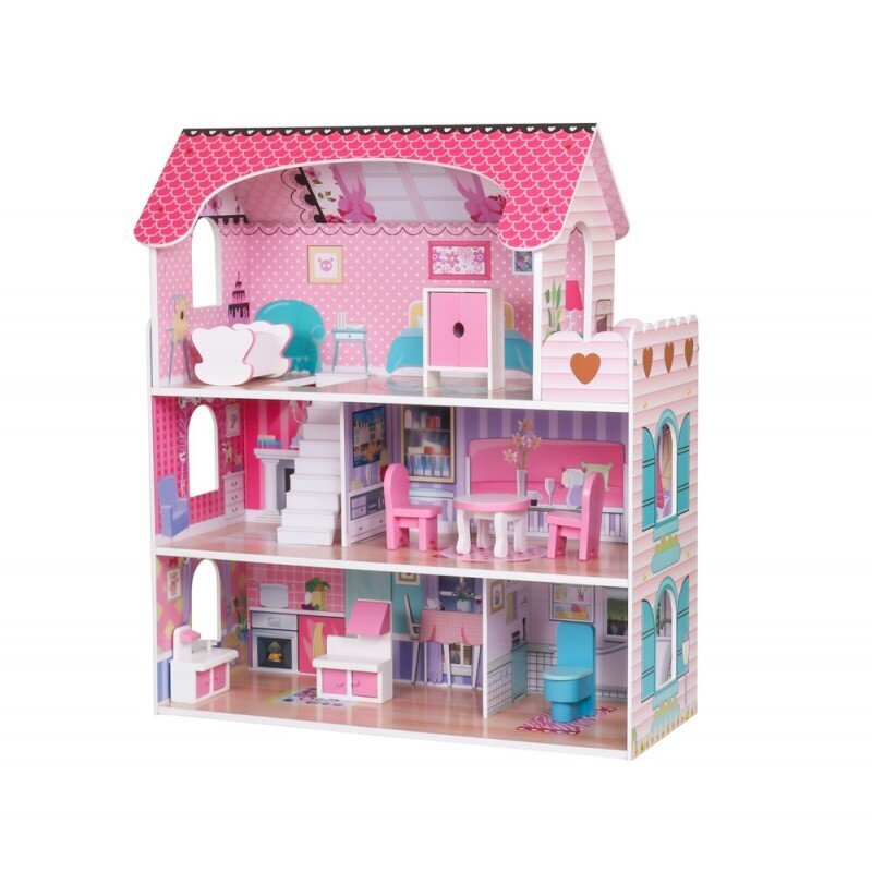 Lėlių namas su baldais Lean Toys, rožinis kaina ir informacija | Žaislai mergaitėms | pigu.lt