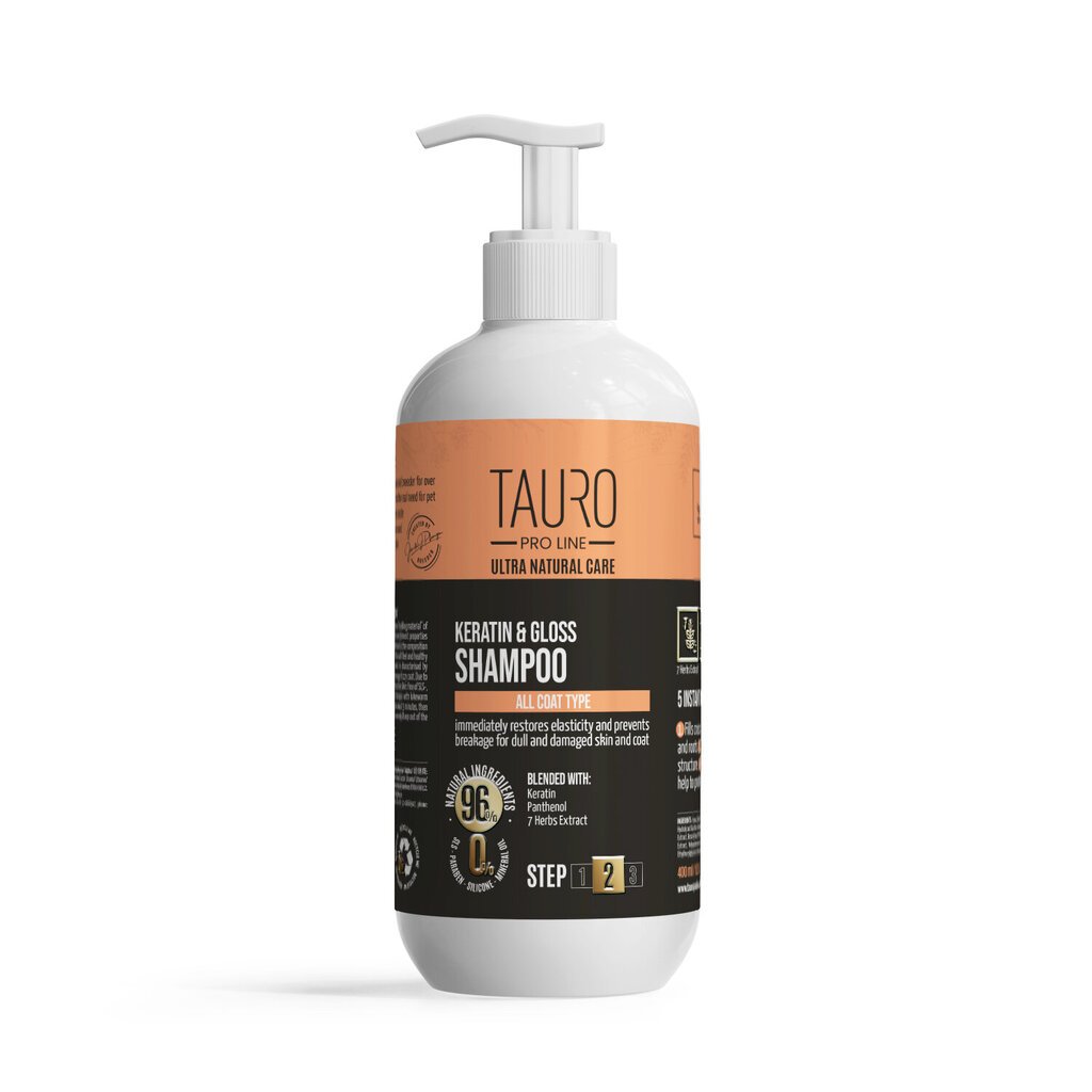 Šampūnas su keratinu šunų ir kačių kailio priežiūrai Turo Pro Lline Ultra Natural Care Keratin Gloss Shampoo, 400 ml цена и информация | Kosmetinės priemonės gyvūnams | pigu.lt