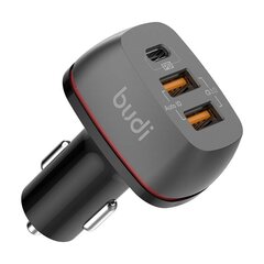 Car charger Budi, 2x USB + USB-C, QC + PD (black) цена и информация | Зарядные устройства для телефонов | pigu.lt