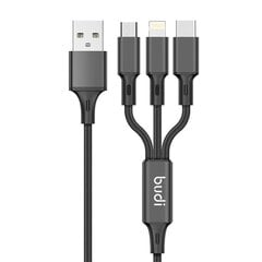 Budi Car Charger, 2x USB, 2.4A + 3in1 USB to USB-C | Lightning | Micro USB Cable (Black) цена и информация | Зарядные устройства для телефонов | pigu.lt