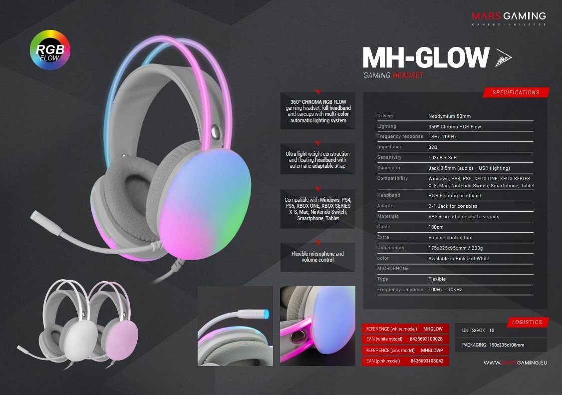 Mars Gaming MH-GLOW RGB Chroma Flow kaina ir informacija | Ausinės | pigu.lt