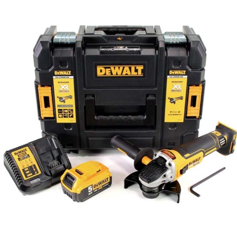 DeWalt DCG 405 P1 akumuliatorinis kampinis šlifuoklis 18V 125mm + 1x akumuliatorius 5,0Ah + įkroviklis + TSTAK kaina ir informacija | Šlifuokliai | pigu.lt