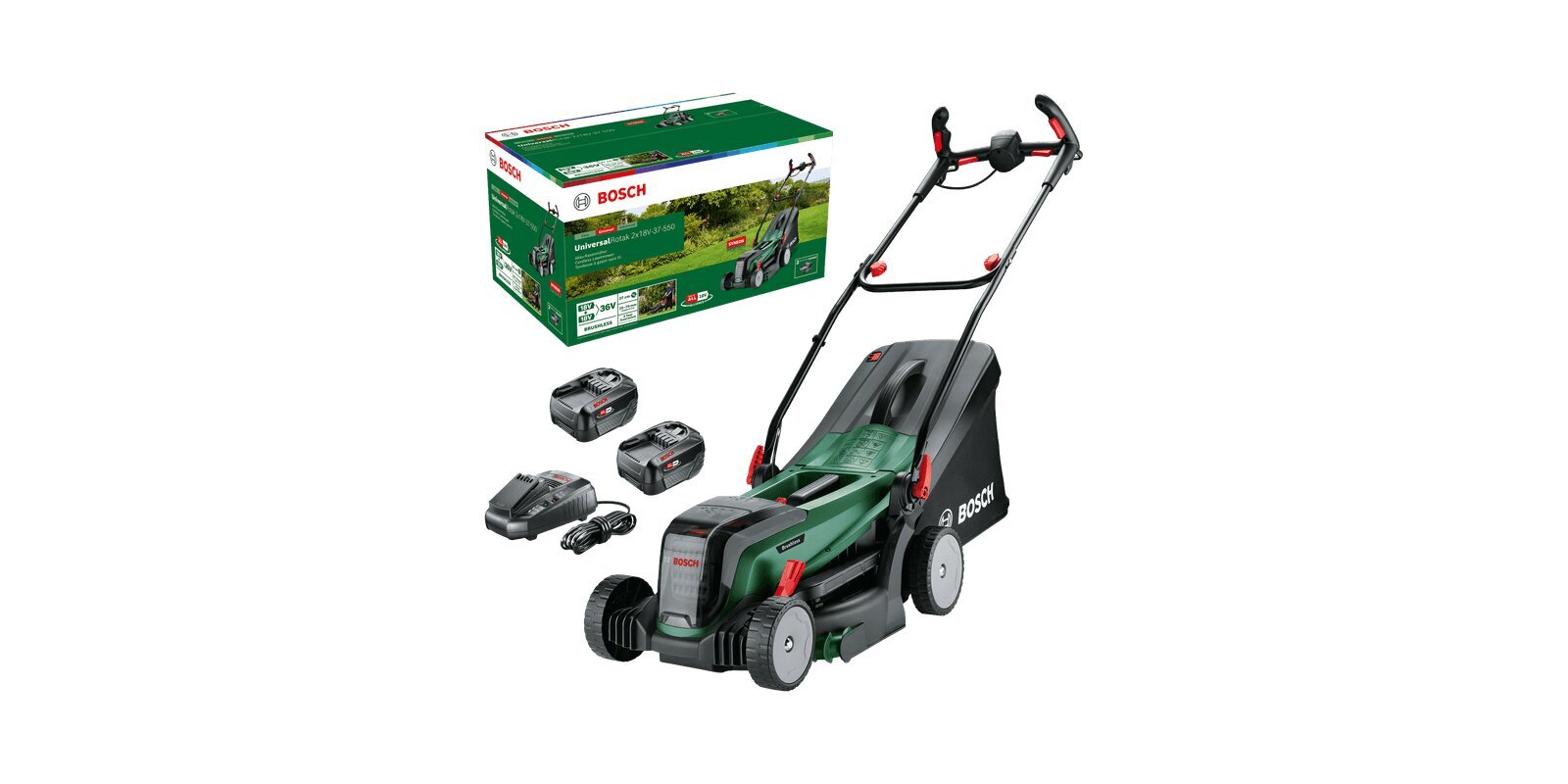 Akumuliatorinė vejapjovė Bosch Universal Rotak 2x18V-37-550, 06008B9E00, su akumuliatoriumi kaina ir informacija | Vejapjovės, žoliapjovės | pigu.lt