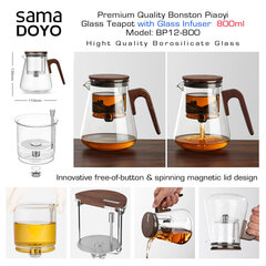 SAMADOYO Чайник премиум класса со стеклянным фильтром и инновационным магнитным клапаном, Bonston Piaoyi BP12-800, 800 мл цена и информация | Чайники, кофейники | pigu.lt