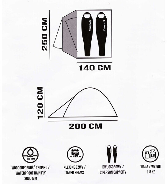 Palapinė 2 asmenims Campus Doble, 200 x 120 cm, žalia kaina ir informacija | Palapinės | pigu.lt