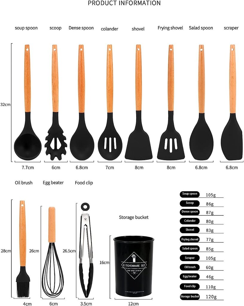 Virtuvės silikoninių įrankių rinkinys, 12 vnt. kaina ir informacija | Virtuvės įrankiai | pigu.lt