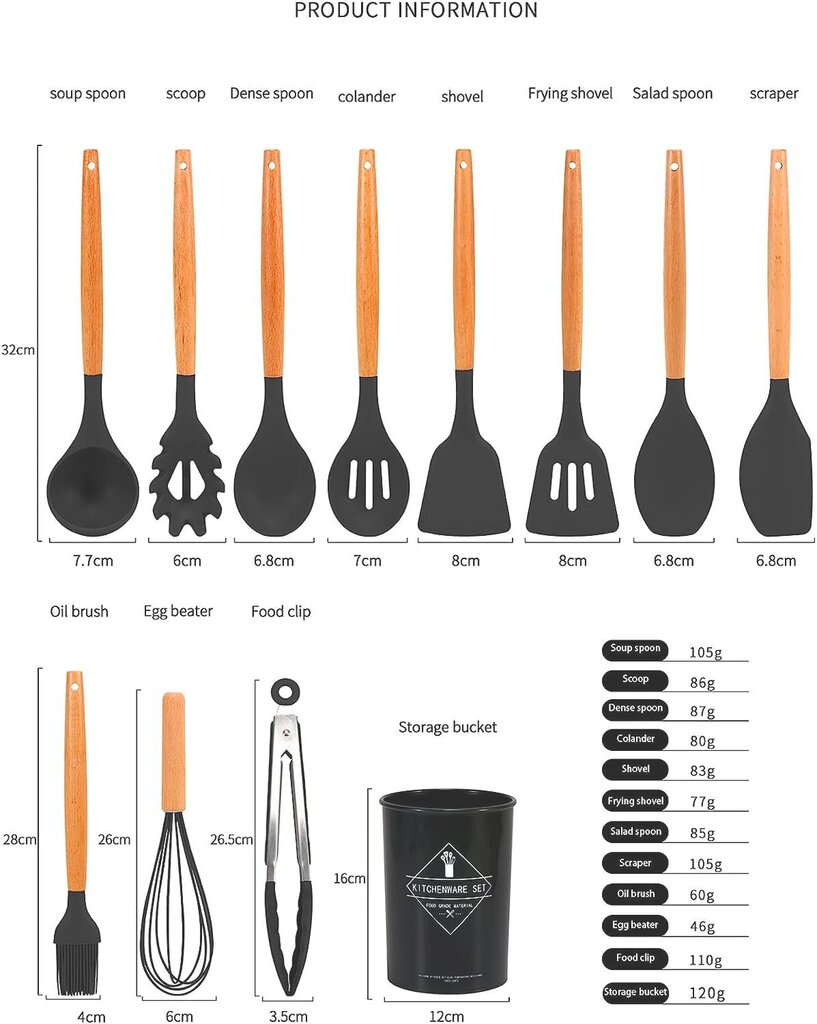 Virtuvės silikoninių įrankių rinkinys, 12 vnt. цена и информация | Virtuvės įrankiai | pigu.lt
