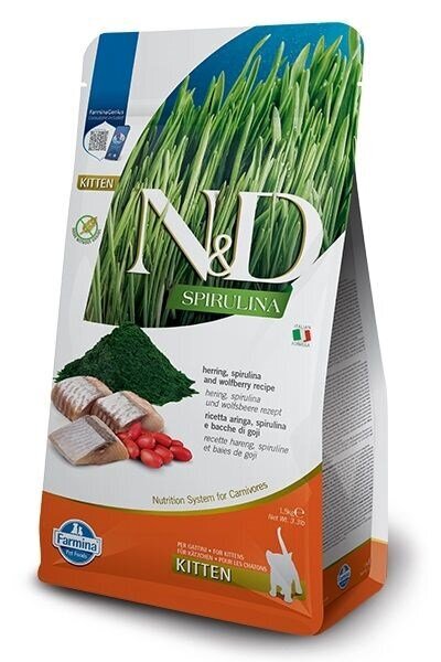 Farmina N&D Spirulina sausas maistas kačiukams su silke ir uogomis, 5 kg kaina ir informacija | Sausas maistas katėms | pigu.lt