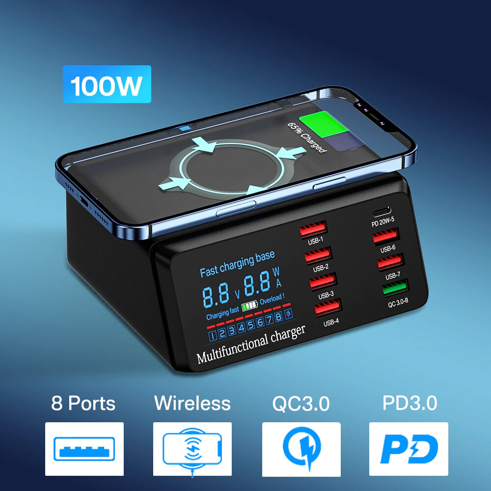 Charging station X9 - 7xUSB + Type C - 100W PD QC 3.0 + induction charging kaina ir informacija | Krovikliai telefonams | pigu.lt