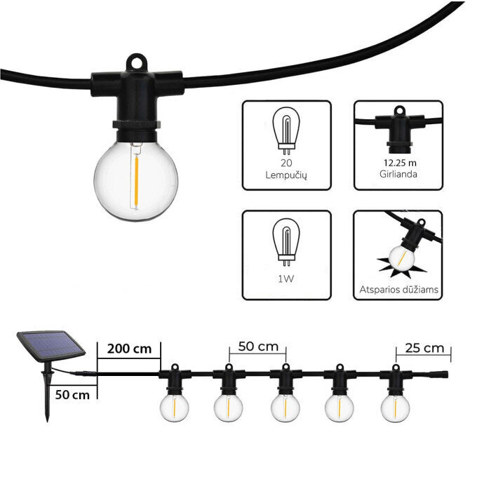 Lauko lempučių girlianda su saulės baterija Tonro Perl, 12.25m kaina ir informacija | Girliandos | pigu.lt