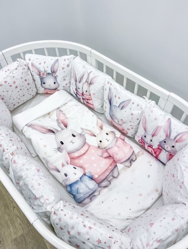 Happy Family vaikiškas patalų komplektas su apsaugomis Bunny, 17 dalių kaina ir informacija | Patalynė kūdikiams, vaikams | pigu.lt