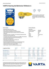 Элементы для слуховых аппаратов 10 VARTA 60 шт. цена и информация | Батарейки | pigu.lt