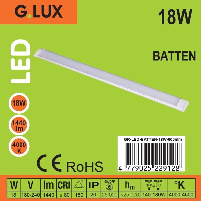 LED šviestuvas G.LUX GR-LED-BATTEN-18W-600mm цена и информация | Lubiniai šviestuvai | pigu.lt