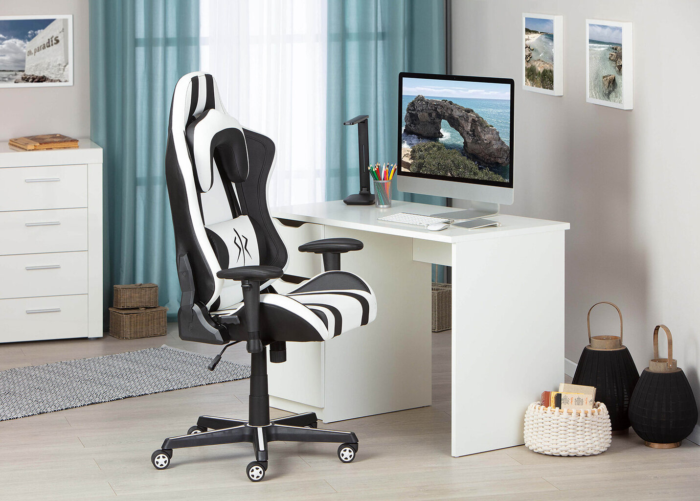 Žaidimų kėdė Interlink Zoro, juoda/balta kaina ir informacija | Biuro kėdės | pigu.lt