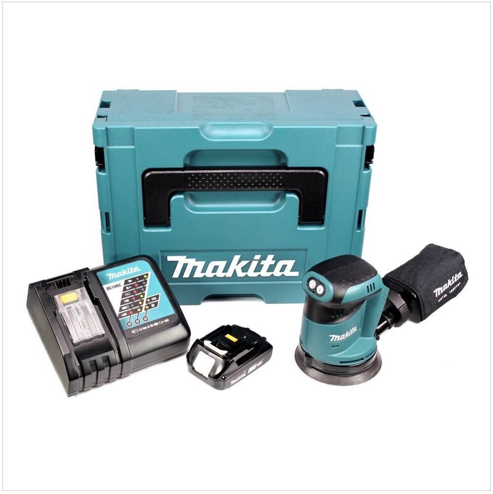Akumuliatorinis ekscentrinis šlifuoklis Makita DBO 180 Y1J-D, 18 V, su baterija 1.5 Ah ir įkrovikliu, Makpac kaina ir informacija | Šlifuokliai | pigu.lt
