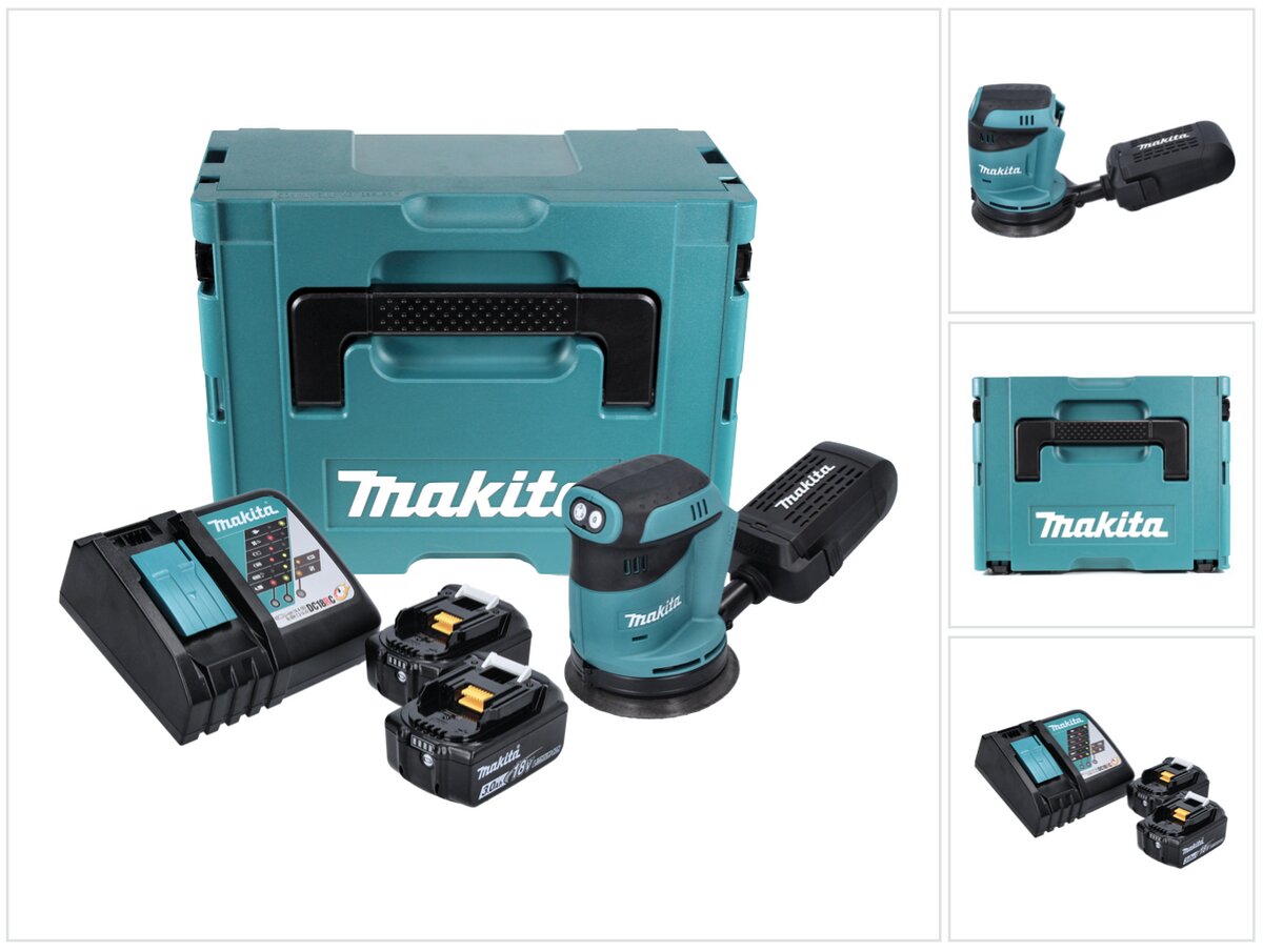 Makita DBO 180 RFJ akumuliatorinis ekscentrinis šlifuoklis 18 V 125 mm + 2x baterija 3.0 Ah + įkroviklis + Makpac kaina ir informacija | Šlifuokliai | pigu.lt