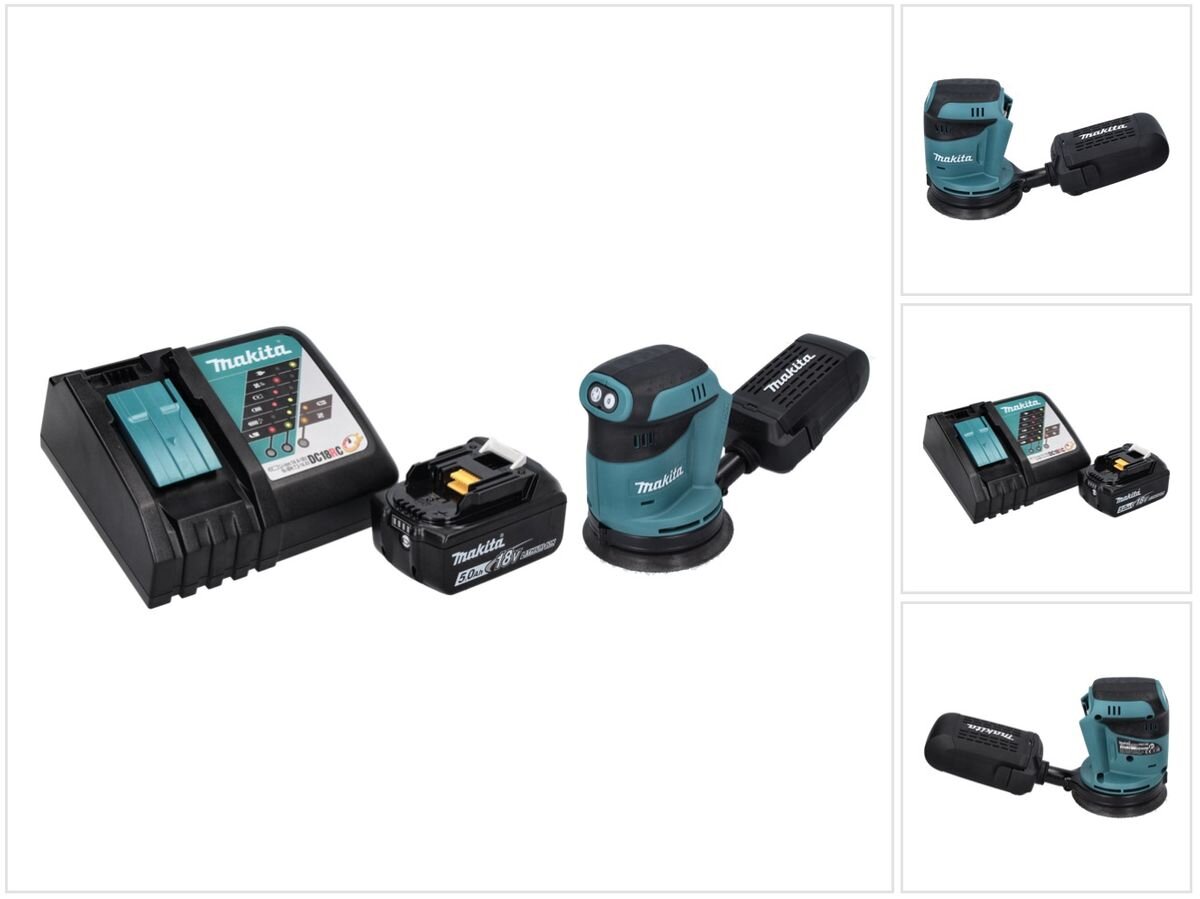 Makita DBO 180 RT1 akumuliatorinis ekscentrinis šlifuoklis 18 V 125 mm + 1x baterija 5.0 Ah + įkroviklis kaina ir informacija | Šlifuokliai | pigu.lt
