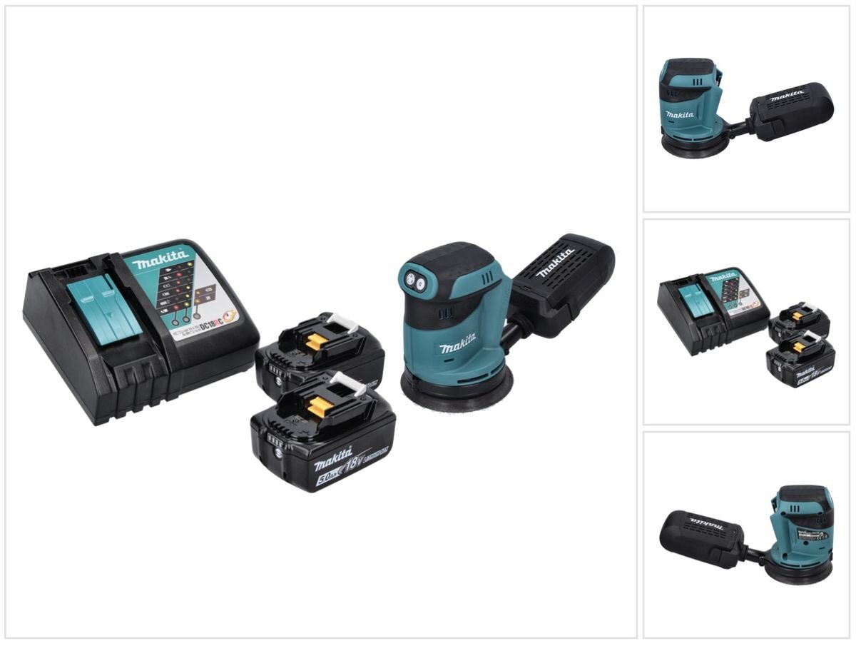 Makita DBO 180 RT akumuliatorinis ekscentrinis šlifuoklis 18 V 125 mm + 2x akumuliatorius 5.0 Ah + įkroviklis kaina ir informacija | Šlifuokliai | pigu.lt